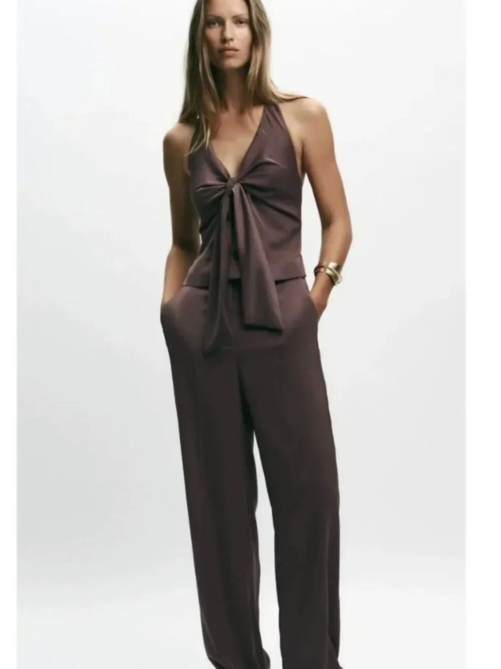Zara Womens Jumpsuit L Large Brown Bow front Satin Halter Neck 8757/511 NWT
